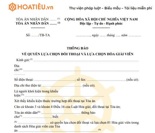 Mẫu 01-ĐT: Thông báo về quyền lựa chọn đối thoại và lựa chọn Hòa giải viên