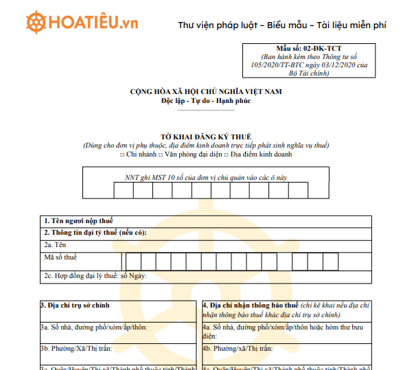 Mẫu 02-ĐK-TCT: Tờ khai đăng ký thuế 