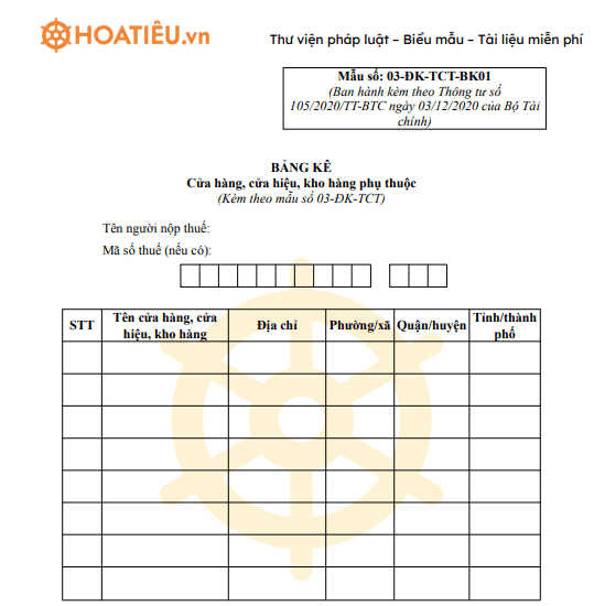Mẫu 03-ĐK-TCT-BK01: Bảng kê cửa hàng, cửa hiệu phụ thuộc