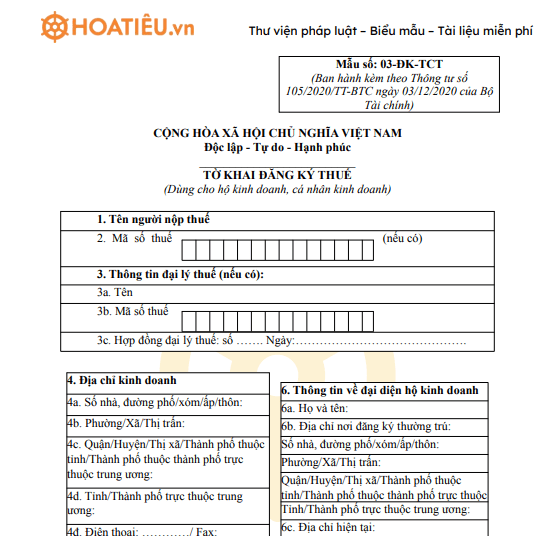 Mẫu 03-ĐK-TCT: Tờ khai đăng ký thuế Dùng cho hộ kinh doanh, cá nhân kinh doanh