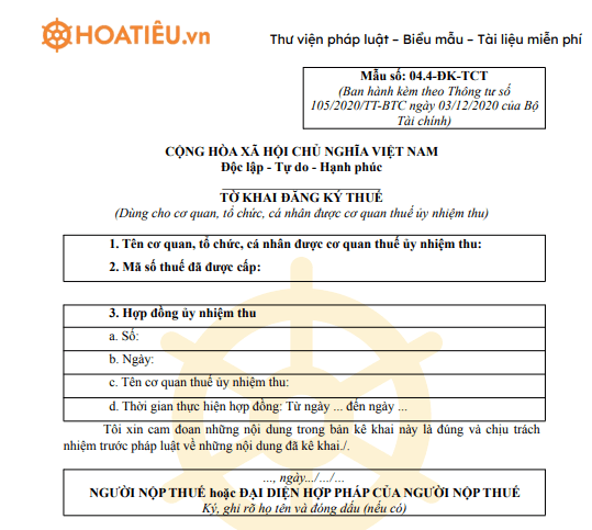 Mẫu 04.4-ĐK-TCT: Tờ khai đăng ký thuế (Dùng cho tổ chức ủy nhiệm thu)