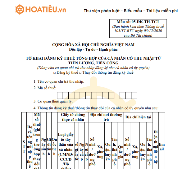 Mẫu 05-ĐK-TH-TCT: Tờ khai đăng ký thuế tổng hợp của cá nhân có thu nhập từ tiền lương, tiền công