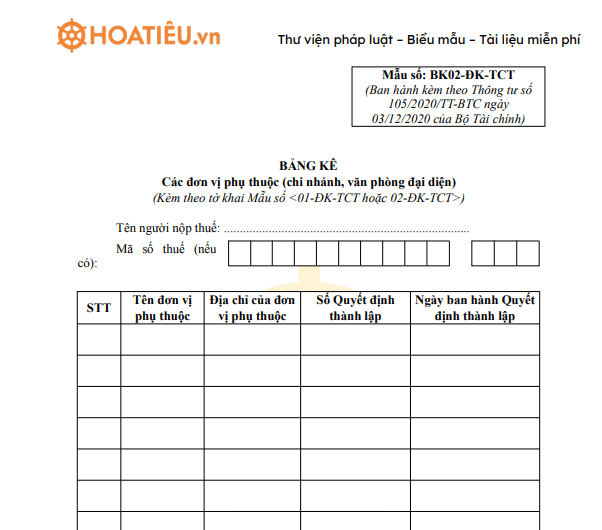 Mẫu BK02-ĐK-TCT: Bảng kê các đơn vị phụ thuộc 