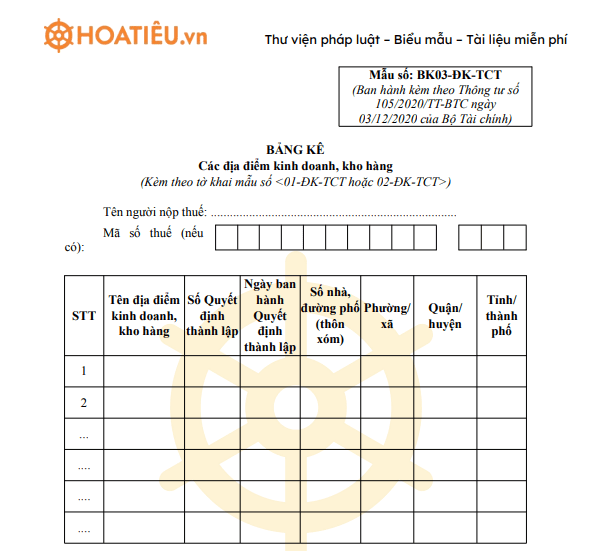 Mẫu BK03-ĐK-TCT: Bảng kê địa điểm kinh doanh 