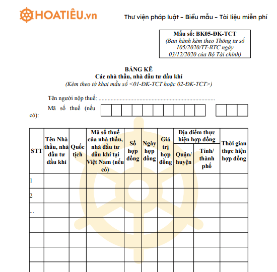 Mẫu BK05-ĐK-TCT: Bảng kê các nhà thầu, nhà đầu tư dầu khí 