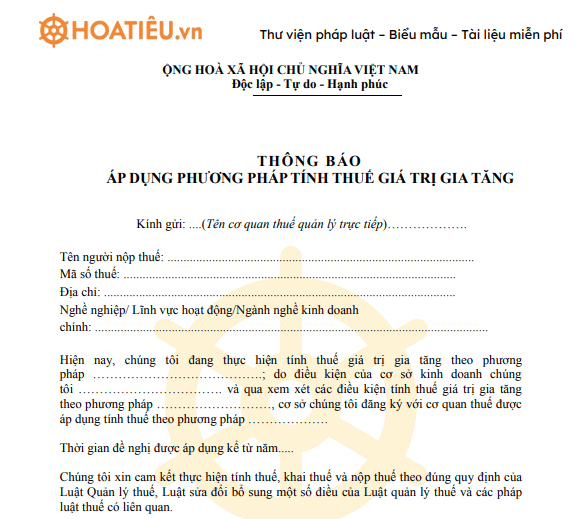 Mẫu số 06/GTGT: Đăng ký áp dụng phương pháp tính thuế GTGT 