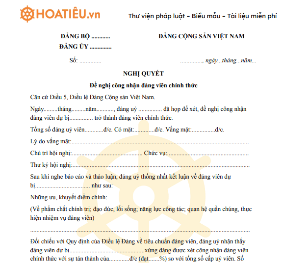 Mẫu nghị quyết của đảng ủy đề nghị công nhận đảng viên chính thức 