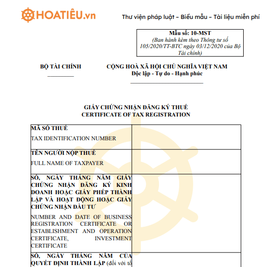 Mẫu số 10-MST: Giấy chứng nhận đăng ký thuế