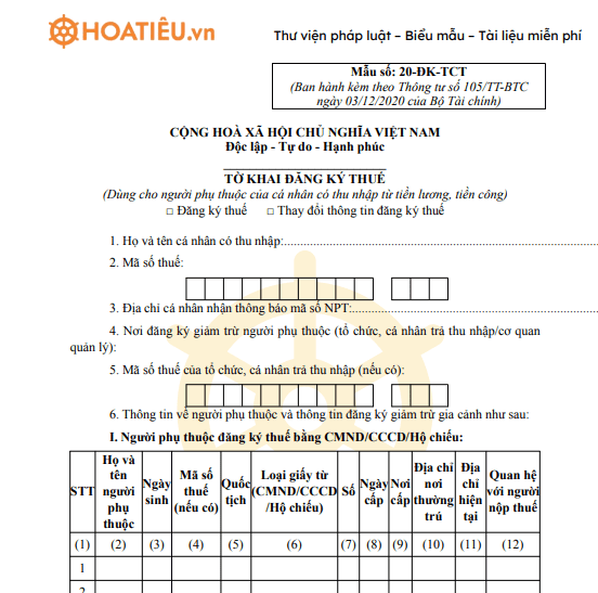 Mẫu số 20-ĐK-TCT: Tờ khai đăng ký người phụ thuộc của cá nhân 
