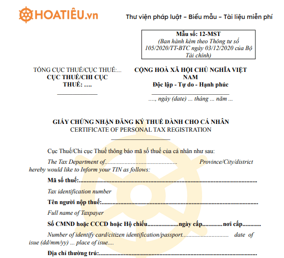 Mẫu 12-MST: Giấy chứng nhận đăng ký thuế dành cho cá nhân
