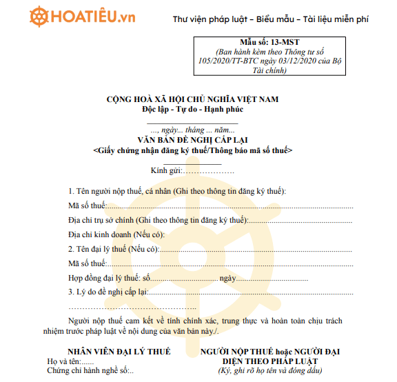Mẫu số 13-MST: Văn bản đề nghị cấp lại giấy chứng nhận đăng ký thuế