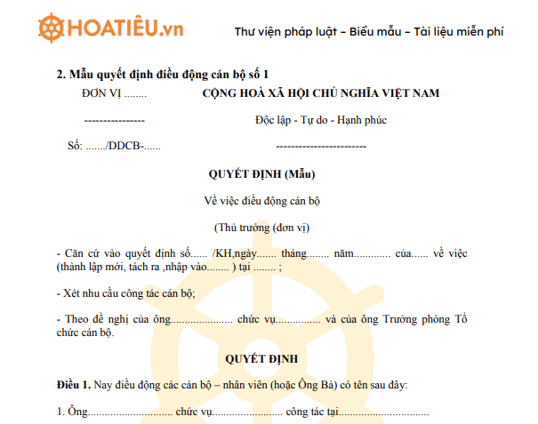 Mẫu quyết định điều động cán bộ
