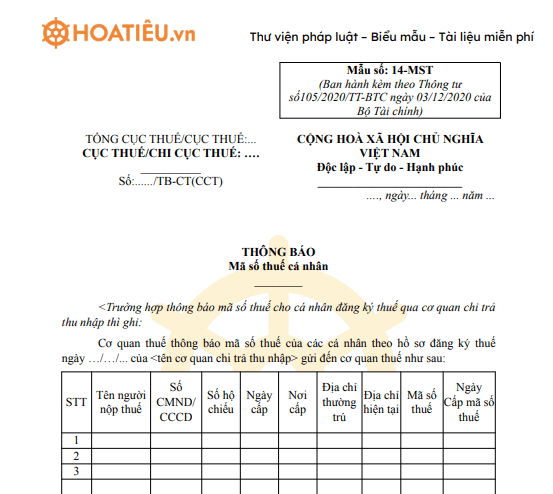 Mẫu 14-MST: Thông báo mã số thuế cá nhân 