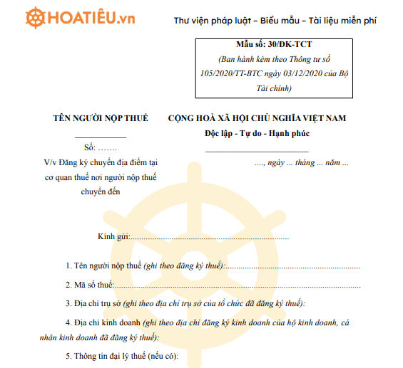 Mẫu 30/ĐK-TCT: Văn bản đăng ký chuyển địa điểm tại cơ quan thuế nơi người nộp thuế chuyển đến
