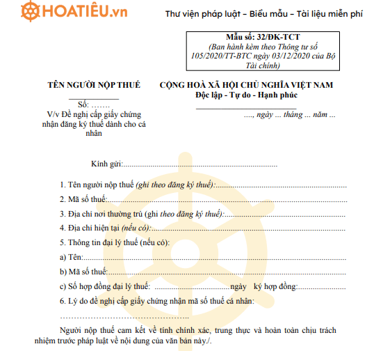 Mẫu 32/ĐK-TCT: Văn bản đề nghị cấp Giấy chứng nhận đăng ký thuế dành cho cá nhân