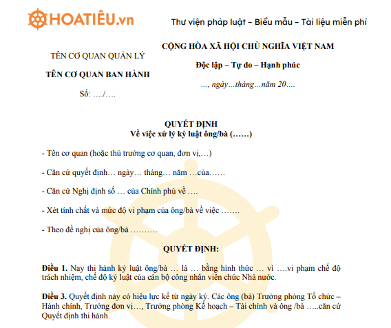 Mẫu quyết định kỷ luật viên chức