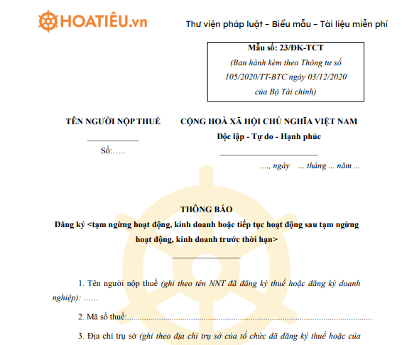 Mẫu số 23/ĐK-TCT: Thông báo việc tạm ngừng kinh doanh/tiếp tục kinh doanh của người nộp thuế