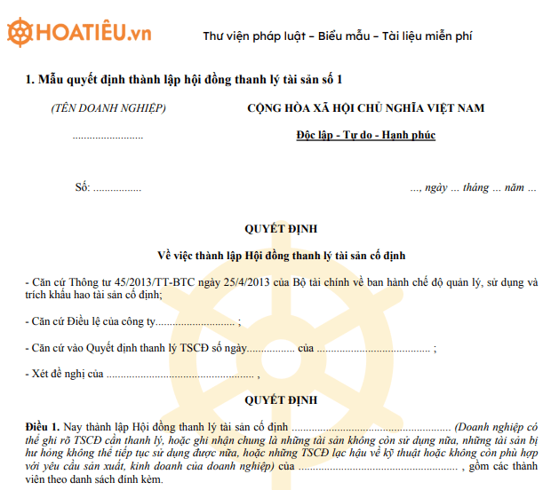 Mẫu quyết định thành lập hội đồng thanh lý tài sản