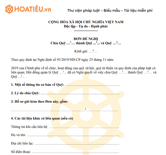 Đơn đề nghị chia quỹ từ thiện 