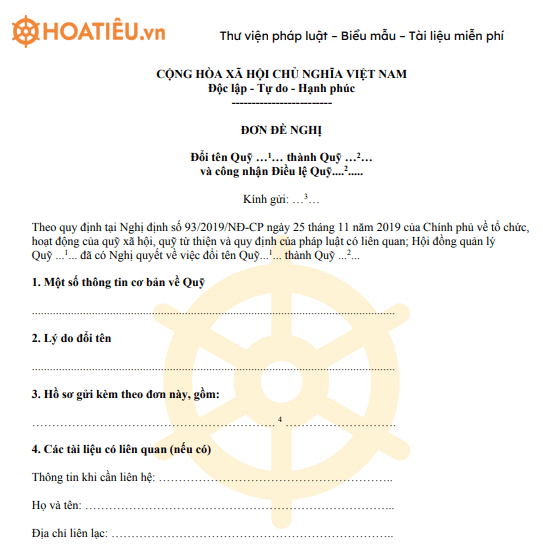 Đơn đề nghị đổi tên quỹ và công nhận Điều lệ quỹ