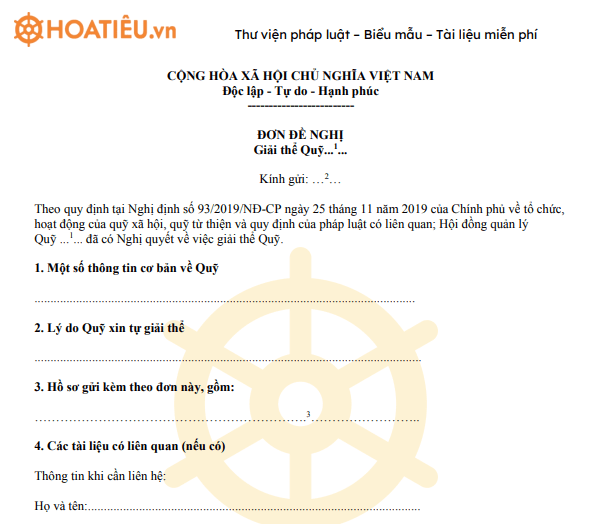 Mẫu 1.10: Đơn đề nghị giải thể quỹ từ thiện