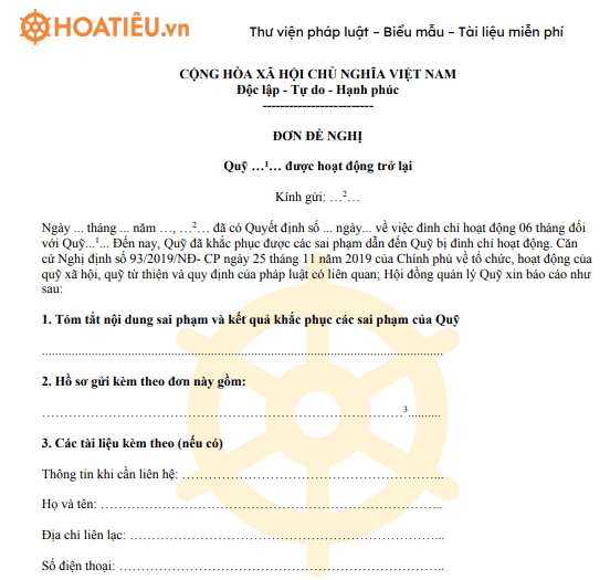 Đơn đề nghị quỹ từ thiện được hoạt động trở lại 