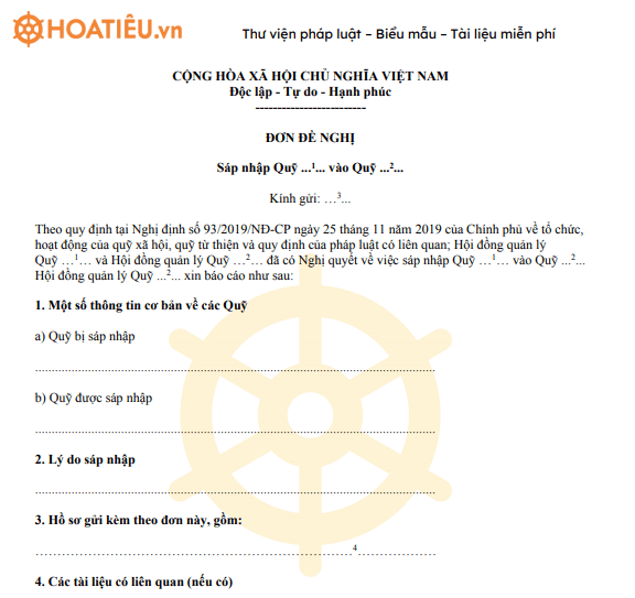 Đơn đề nghị sáp nhập quỹ từ thiện 