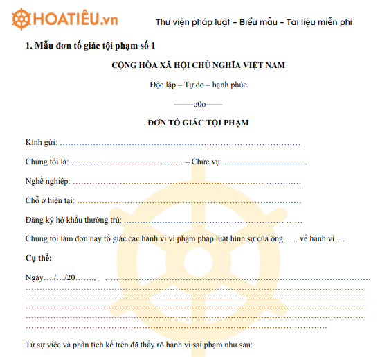 Mẫu đơn tố giác tội phạm