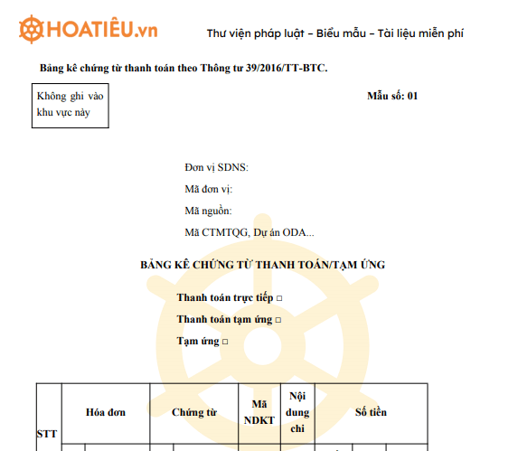 Bảng kê chứng từ thanh toán