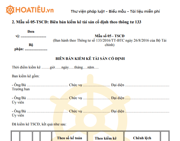 Mẫu số 05-TSCĐ: Biên bản kiểm kê tài sản cố định 