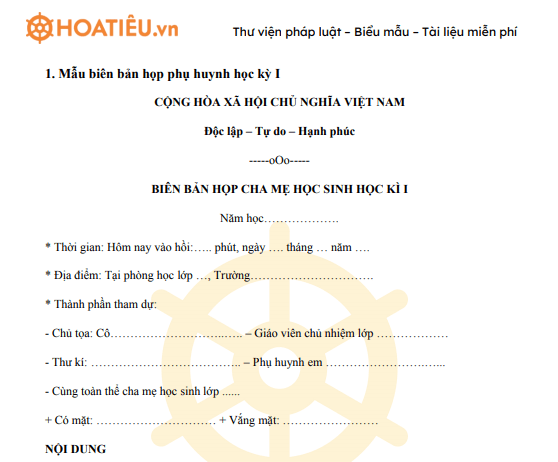 Biên bản họp phụ huynh học kì 1 