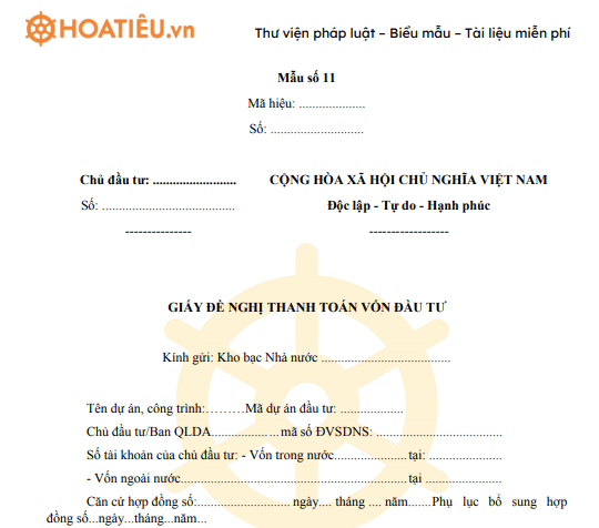 iấy đề nghị thanh toán vốn đầu tư Nghị định 11
