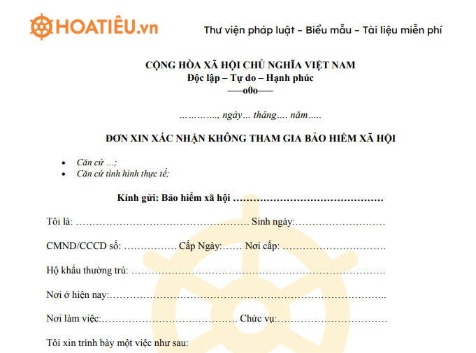 Mẫu đơn xin xác nhận không tham gia bảo hiểm xã hội