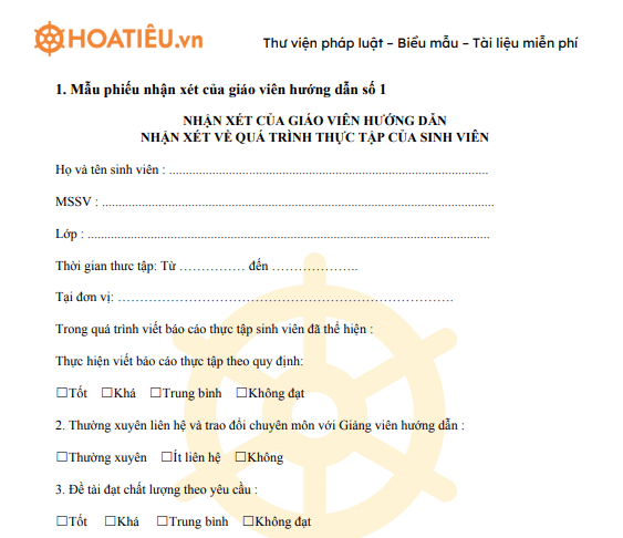 Phiếu nhận xét của giáo viên hướng dẫn