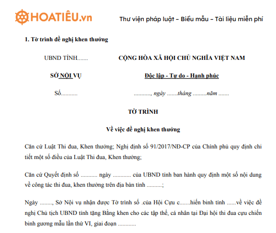 Tờ trình đề nghị khen thưởng