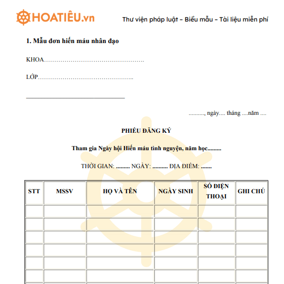 Mẫu đơn hiến máu nhân đạo