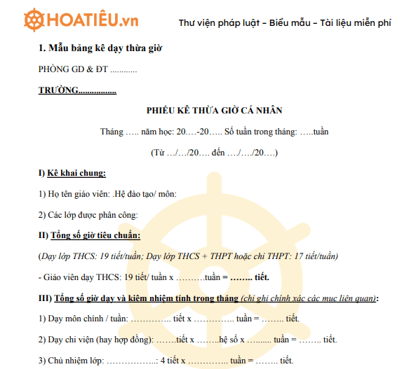 Mẫu bảng kê dạy thừa giờ