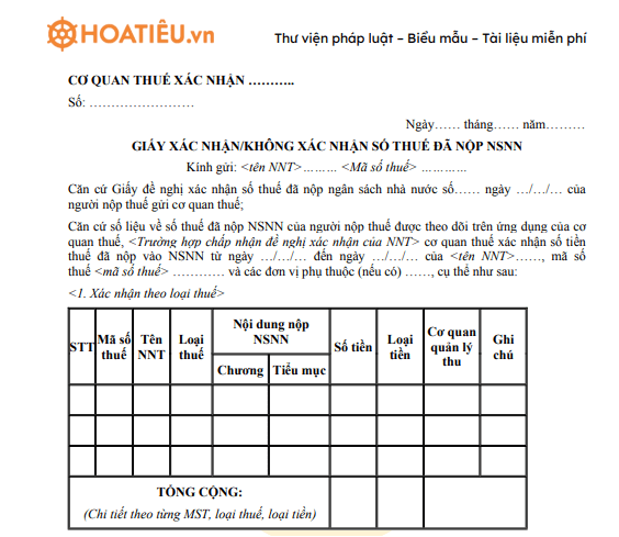 Mẫu giấy đề nghị xác nhận số thuế đã nộp NSNN