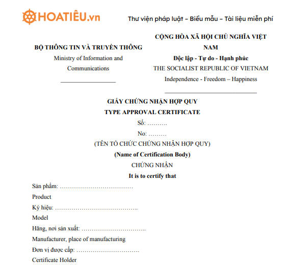 Mẫu giấy chứng nhận hợp quy