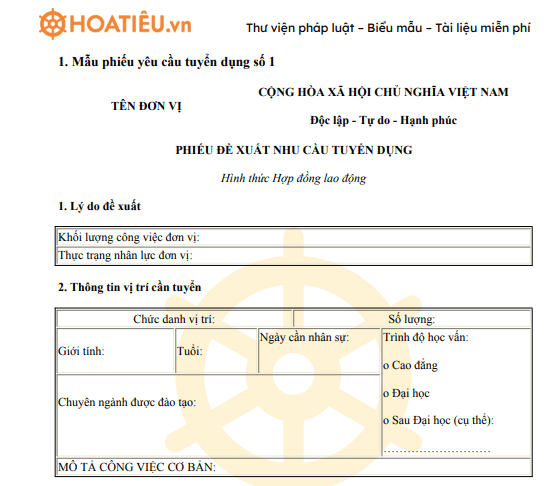 Mẫu phiếu yêu cầu tuyển dụng