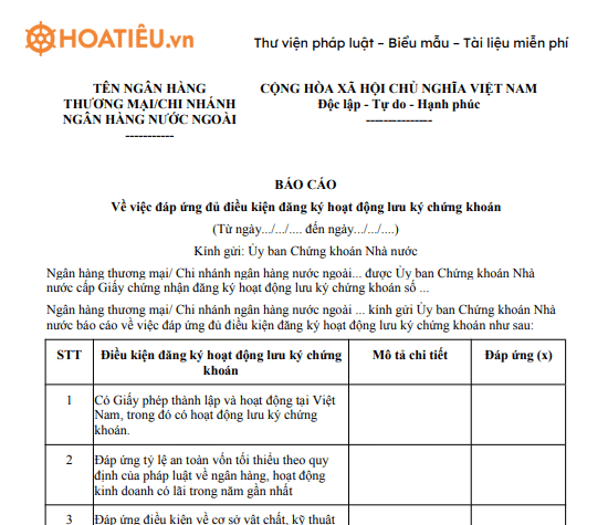 Báo cáo về việc đáp ứng đủ điều kiện đăng ký hoạt động lưu ký chứng khoán