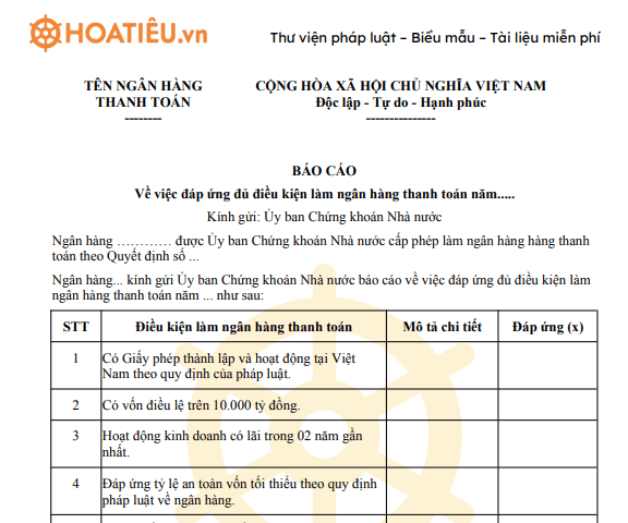 Báo cáo về việc đáp ứng đủ điều kiện làm ngân hàng thanh toán