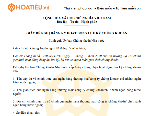 Giấy đề nghị đăng ký hoạt động lưu ký chứng khoán