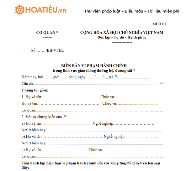 Biên bản vi phạm hành chính trong lĩnh vực giao thông đường bộ, đường sắt