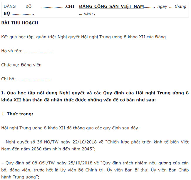 Mẫu bài thu hoạch Nghị quyết