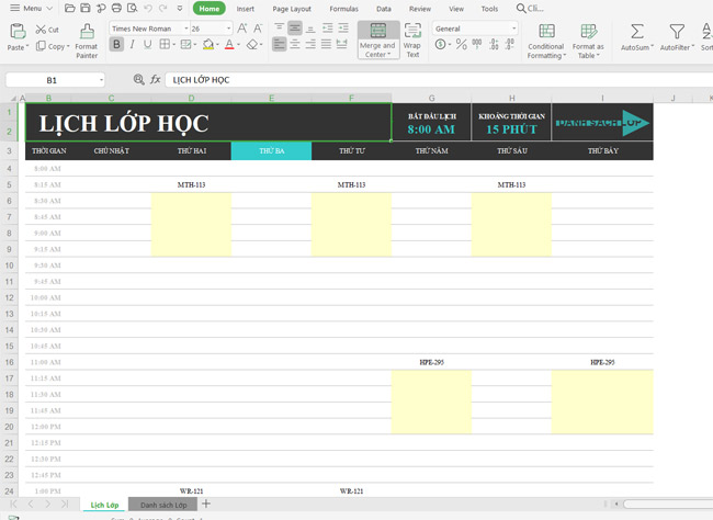 Mẫu thời khóa biểu đẹp file excel