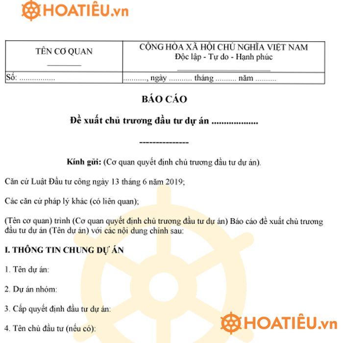 Mẫu báo cáo đề xuất chủ trương đầu tư dự án