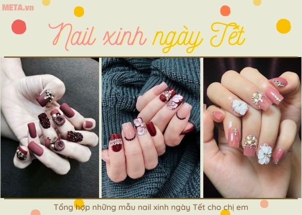 Mẫu nail Tết đính đá đơn giản