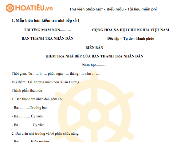 Mẫu biên bản kiểm tra nhà bếp