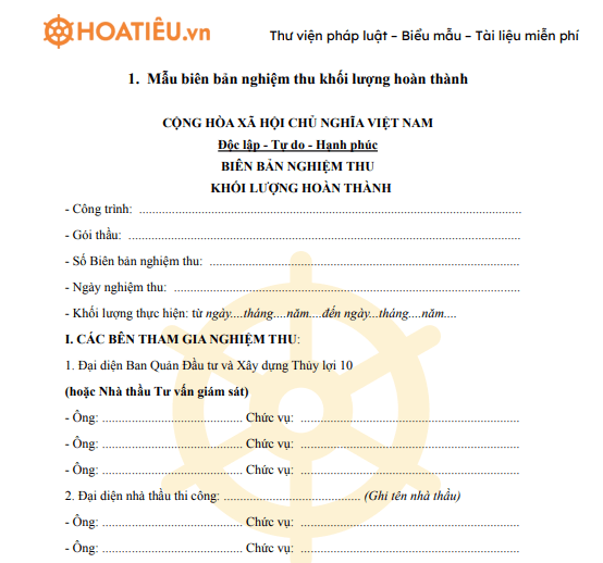 Mẫu biên bản nghiệm thu khối lượng hoàn thành